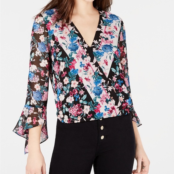 Guess Floral Bell Sleeve Wrap Top L - Picture 3 of 3